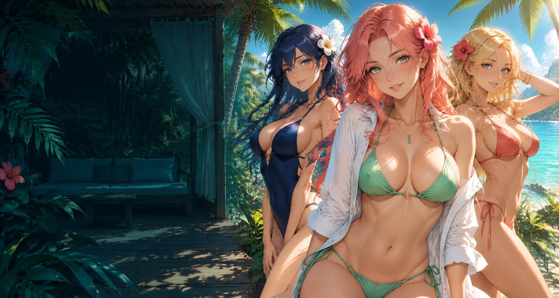 Three fictional adult anime companions at a sunlit tropical beach