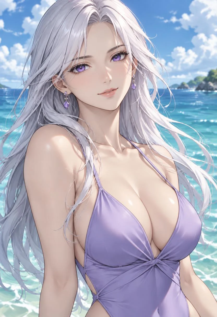 Sora, fictional adult anime companion at a tropical beach